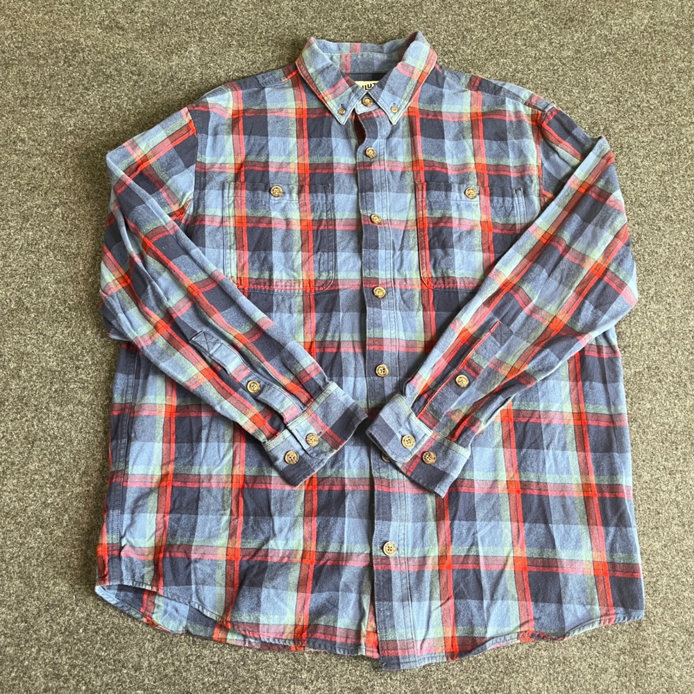Duluth Trading Co Mens Sz L Relaxed Fit Flannel Shirt Blue Red Plaid Button Down